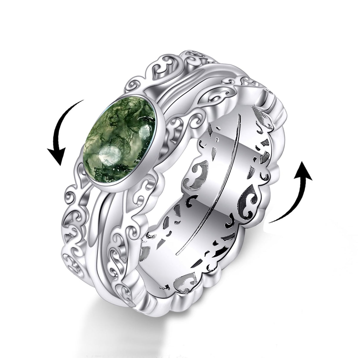 VONALA Naturl Gemstone Fidget Rings for Anxiety 925 Sterling Silver Moss Agate Rings for Women Anti Stress Mood Rings Gifts Band Wide 6#