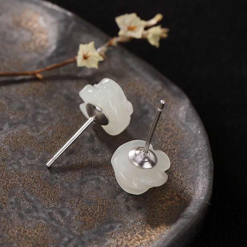 S925 Silver White Rose Jade Stud Earrings for Women